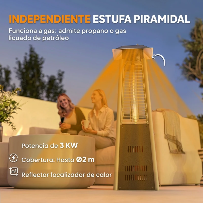 Outsunny Estufa de Gas Butano Portátil 3000W con Temperatura Ajustable Sistema Antivuelco y Ignición por Presión Plata y Bronce