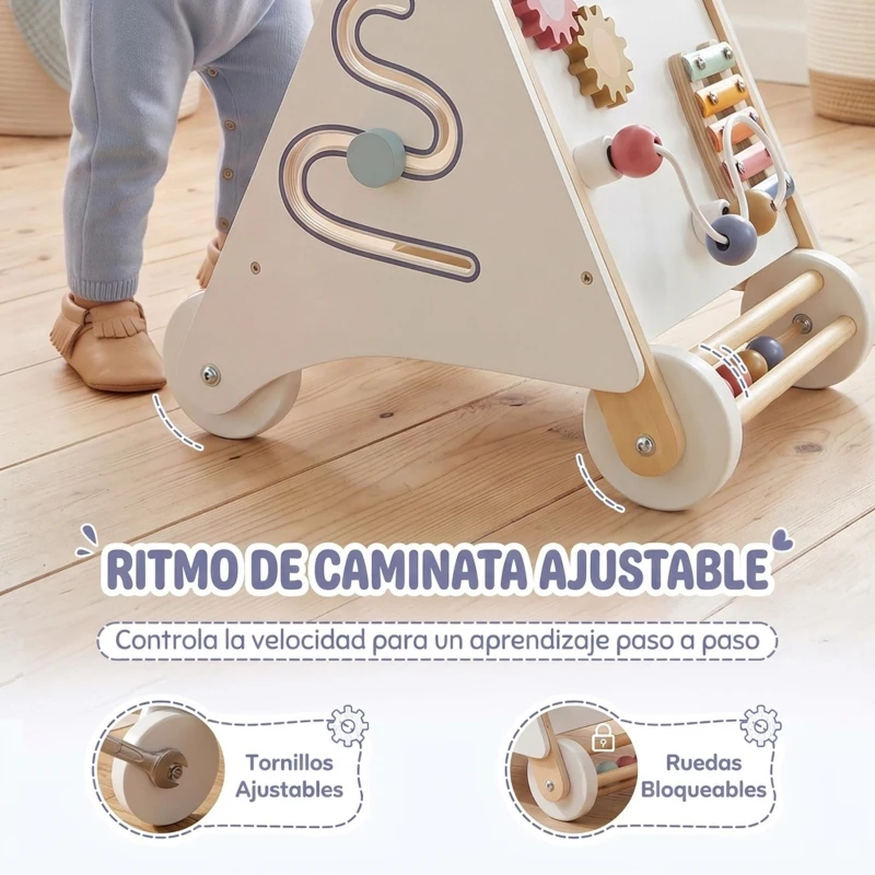 AIYAPLAY Andador de Madera Bebé, Caminador Bebé con Juguetes Montessori, Velocidad Ajustable con Almacenaje Blanco