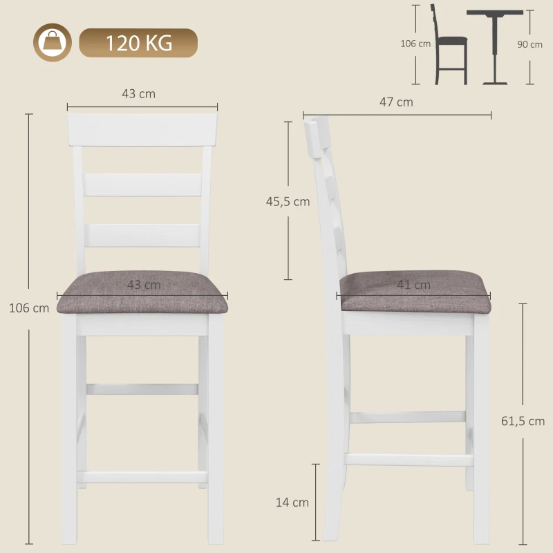 HOMCOM Conjunto de 2 Bancos de Bar, Cadeiras de Bar em Madeira Maciça com Assento Acolchoado Efeito Linho e Encosto, Branco e Castanho