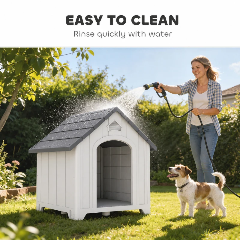 PawHut Niche pour chien extérieur, maison chien en polypropylène imperméable ventilé plancher surélevé 66x55x65cm gris clair