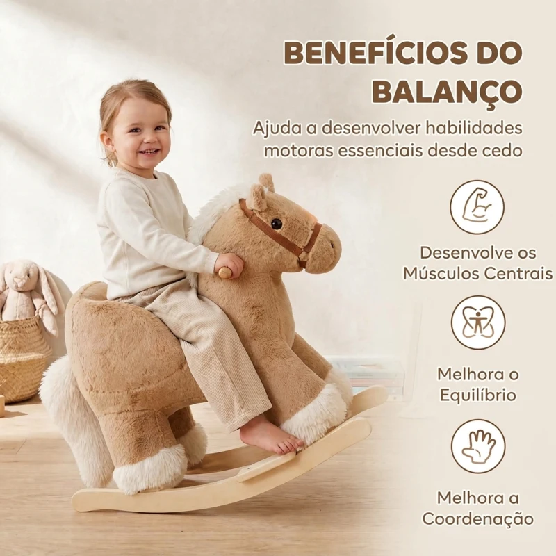 AIYAPLAY Cavalo de Baloiço para Bebé com Sons de Galope e Relinchos, Base de Madeira e Cinto de Segurança, 18-36 Meses, Castanho