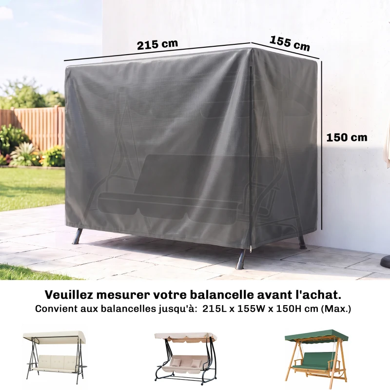 Outsunny Housse de protection pour balancelle de jardin 3 places, toile PE imperméable, anti-poussière, 215x155x150cm, gris foncé