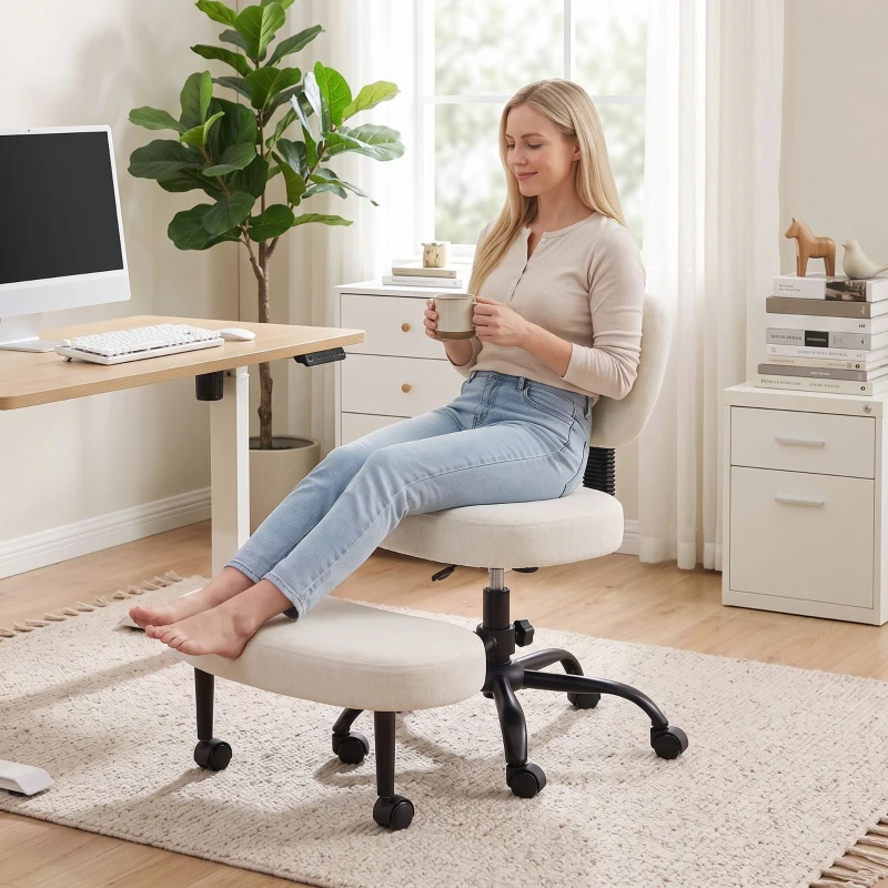 HOMCOM Scaun de birou ergonomic pentru picioare încrucișate rotativ 360° roți PU înălțime reglabilă pentru ADHD meditație crem