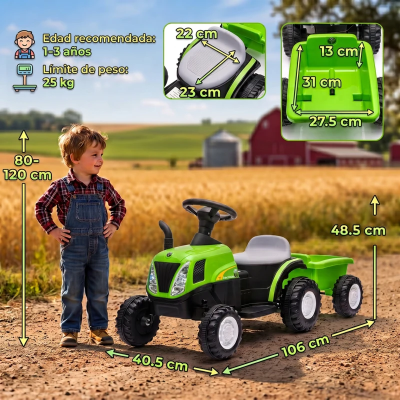 AIYAPLAY Tractor Eléctrico para Niños con Remolque Desmontable 6V Luces Música Claxon Pedal para Niños 1-3 Años 2,5 km/h Verde