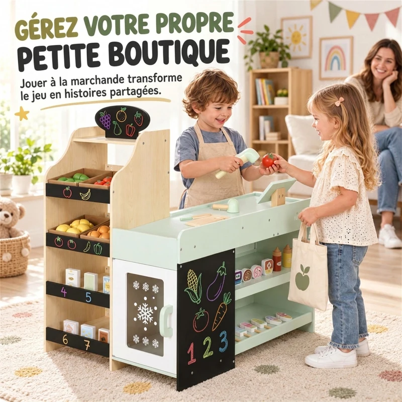 AIYAPLAY Marchande Enfants en Bois, Caisse Enregistreuse, Aliments Factices, Tableau Noir et 44 Accessoires, pour 3 à 6 Ans