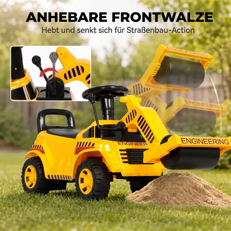 AIYAPLAY Sitzbagger Aufsitzbagger mit Schaufel Lenkrad Kinderbagger mit anhebbarer Frontwalze, Hupe, Stauraum unter dem Sitz