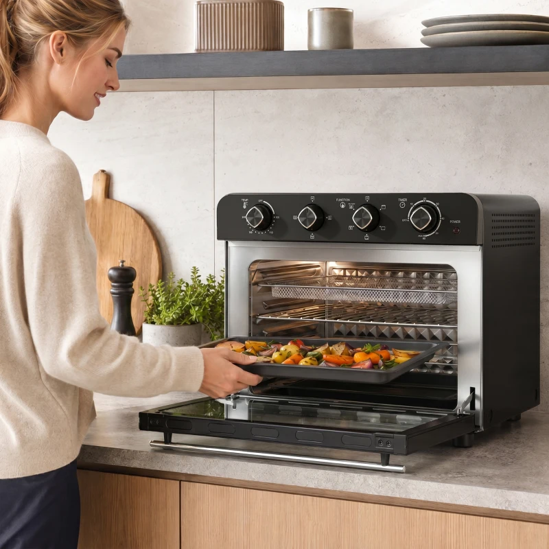 HOMCOM Heißluftfritteusen-Backofen mit Umluft und Drehspieß-Set, Temperaturregler, Timer, 1800 W