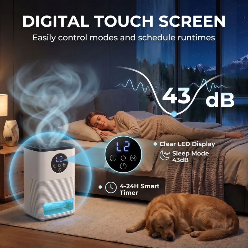 HOMCOM 300mL/Day Small Dehumidifier, RGB Mood Lights, Continuous Drainage, 24H Timer, LED Display, Dehumidifier for Home Damp