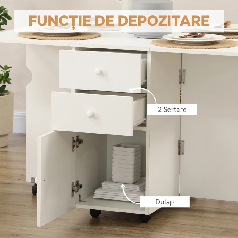 HOMCOM Masă de Bucătărie Rabatabilă cu 2 Sertare și Dulap cu Uși, din PAL, 120x80x75 cm, Alb