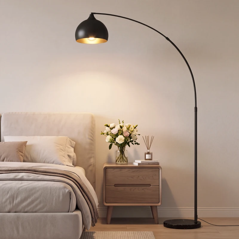 HOMCOM Candeeiro de Pé, Lâmpada de Sala Arco Ajustável, Base em Mármore, Estilo Vintage, 40W, E27, 100-115L x 35l x 170-180H cm, Preto