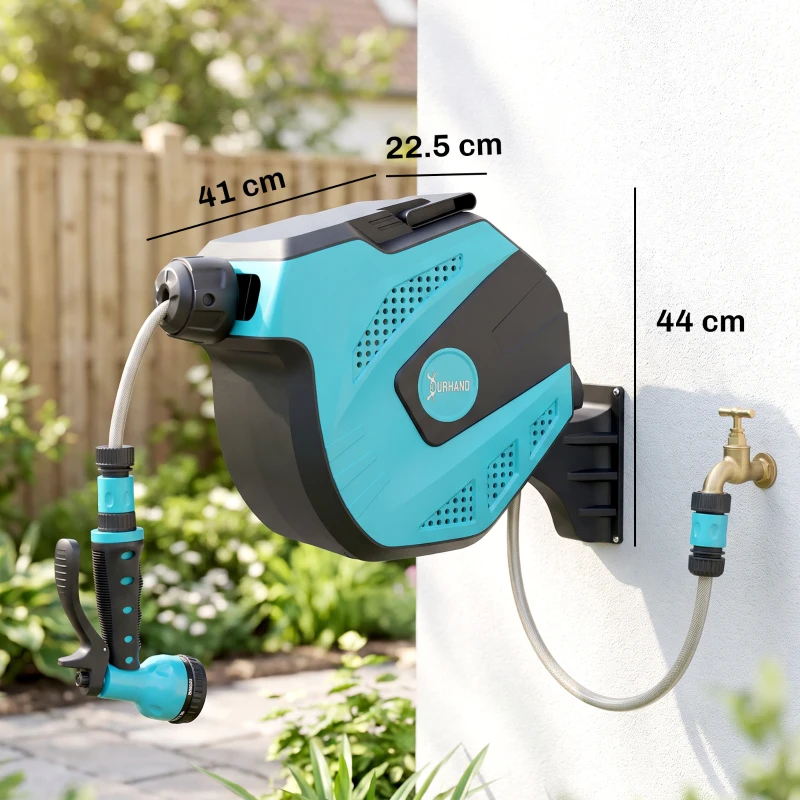 DURHAND Avvolgitubo Automatico a Parete con 7 Modalità di Irrigazione, in Plastica, 44x22.5x41 cm, Nero e Verde