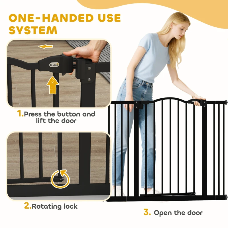 PawHut Metal 74-100cm Adjustable Pet Gate Safety Barrier w/ Auto-Close Door Black