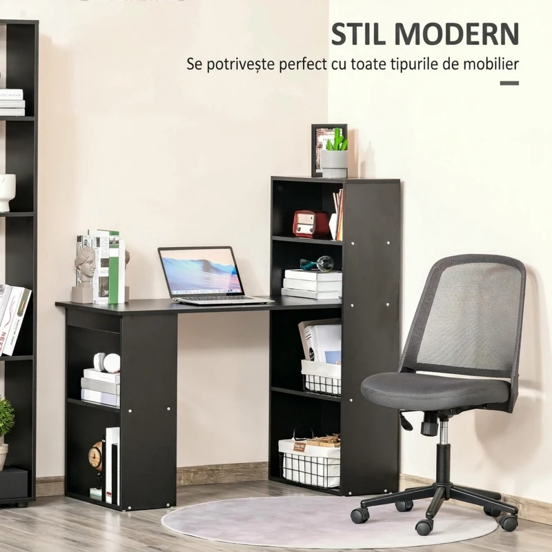 HOMCOM Birou PC din Lemn cu 6 Rafturi Laterale pentru Depozitare, 120x55x120 cm, Negru