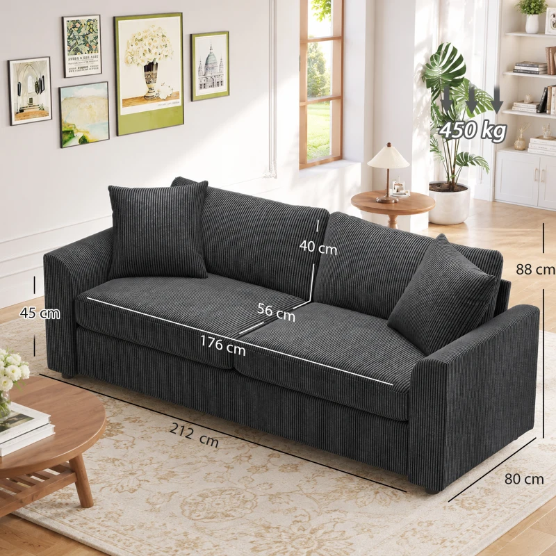 HOMCOM 3 Seater Sofa, 212cm Corduroy Couch with Spring Cushion, Wide and Deep Seat, Plush Backrest, 2 Pillows, Sofa Settee for Living Room, Home Office, Grey