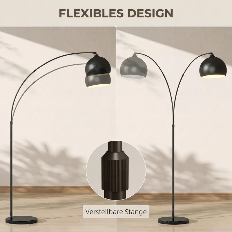 HOMCOM Booglamp, vloerlamp, hoogte verstelbaar, voetschakelaar, voet in marmerlook, 170-180 cm, zwart