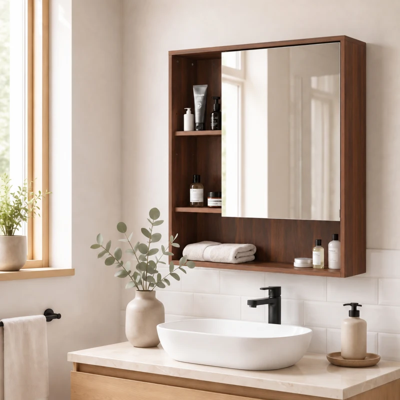 HOMCOM Bathroom Mirror Cabinet, Wall-Mounted Bathroom Cabinet with Mirror Door, Adjustable Shelves, Walnut Brown