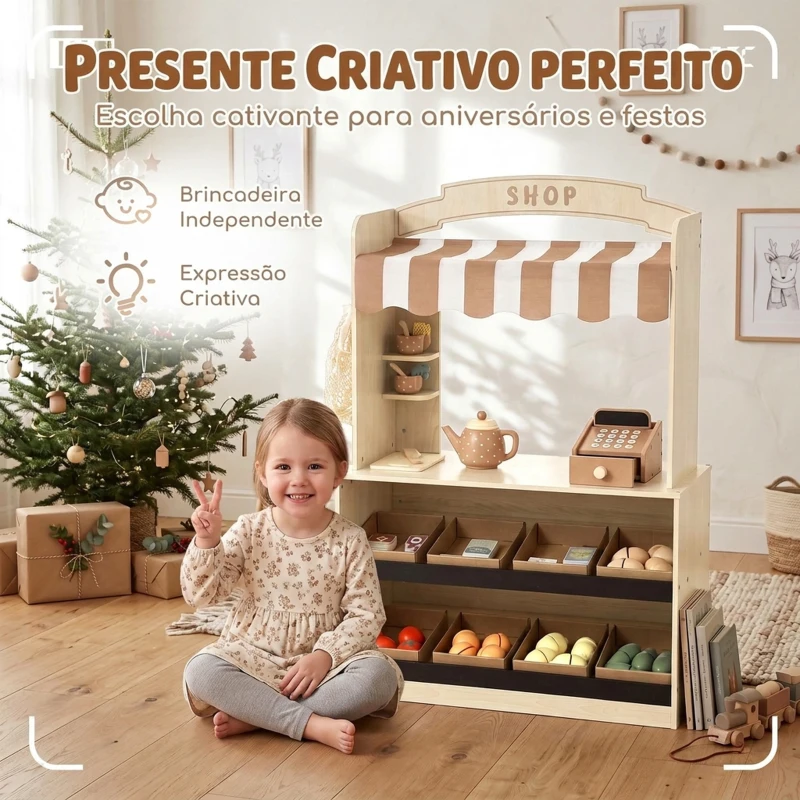 AIYAPLAY Supermercado Infantil de Madeira com Caixa Registadora, Jogo de Chá, Quadro, 8 Caixas e Toldo