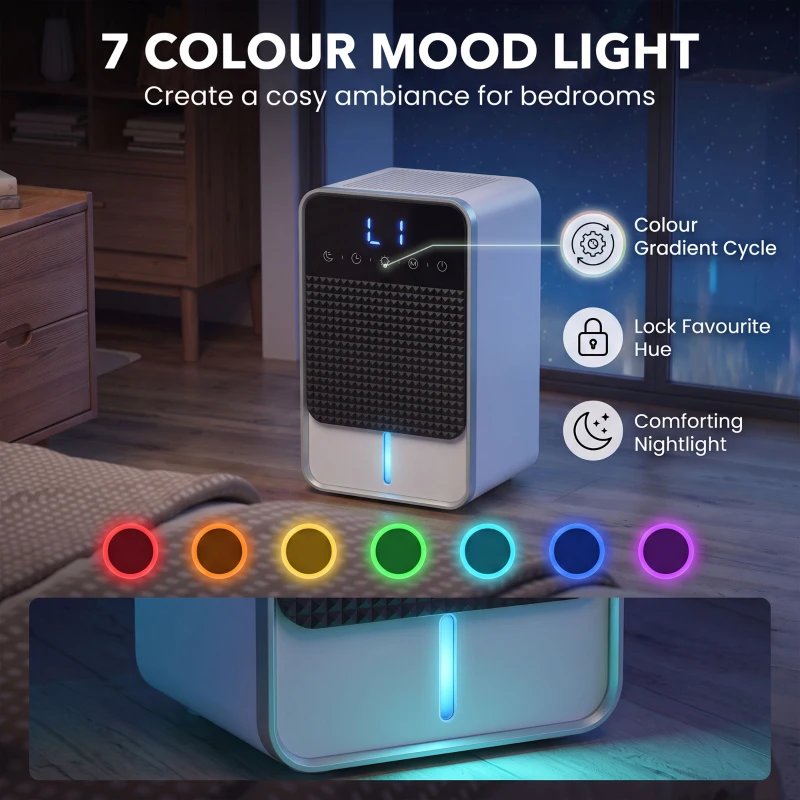 HOMCOM 400mL/Day Small Dehumidifier, RGB Mood Lights, Timer, LED Display, Dehumidifier for Home, Bedroom