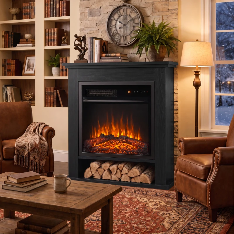 HOMCOM Electric Fireplace Suite with Shelf, 25" 1800W Electric Fire and Surround with LED Flame, 5 Brightness, Remote, Black