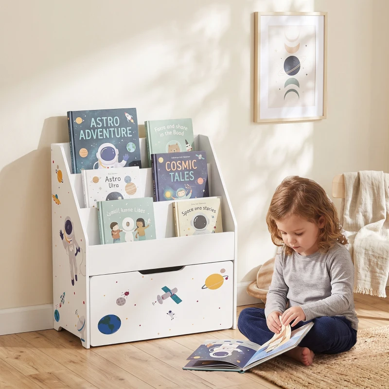 AIYAPLAY Estante Infantil com Gaveta Móvel e 3 Prateleiras, Tema Espaço, Montessori, 3-8 Anos, Branco