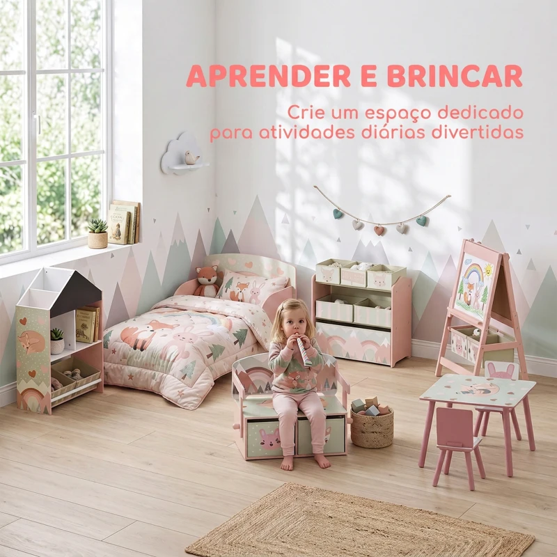 AIYAPLAY 3 em 1 Banco Porta-Brinquedos para Crianças, Convertível em Mesa e Cadeira com 2 Caixas, Estampa Raposinha, Rosa