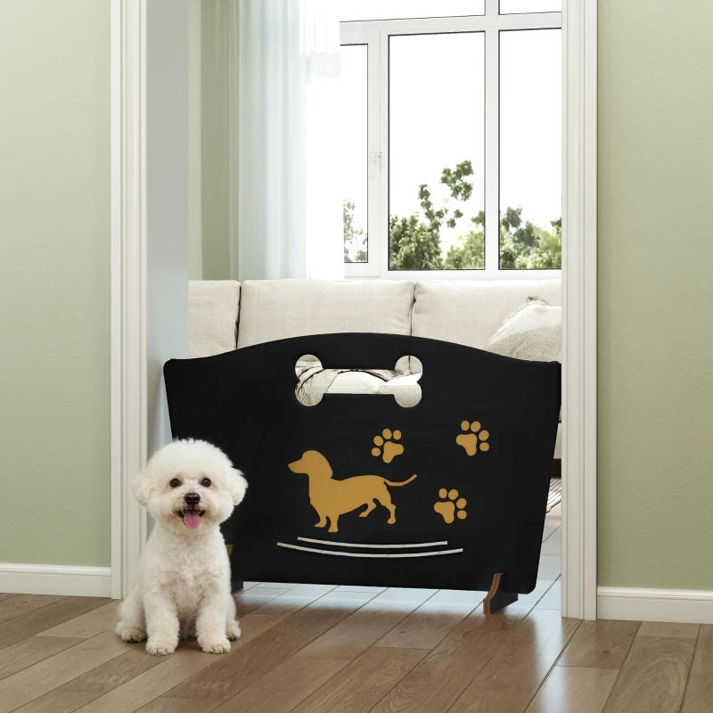 PawHut Wooden Dog Stopper, Dog Barrier with Support Feet, for Stair, Patio, Very Easy Setup, Black, 75 x 51 cm