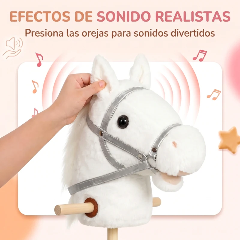 AIYAPLAY Cabeza de Caballo con Palo de Madera con Ruedas Sonidos de Cascos y Relinchos Asas de Agarre 95 cm Blanco