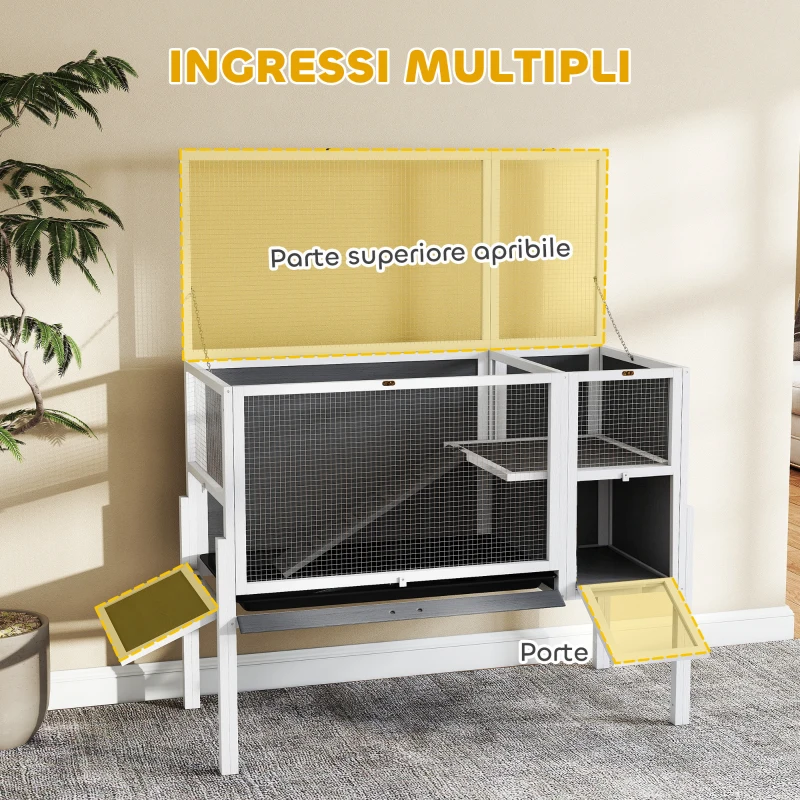 PawHut Gabbia per Conigli e Criceti da Interno Rialzata con Vassoio Estraibile e Tetto Apribile, Grigio