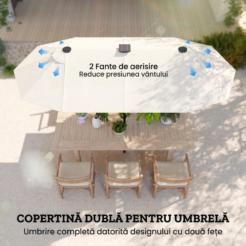Outsunny Umbrelă Dublă cu Lumini LED și Manivelă, din Poliester și Oțel, 2.92x1.5x2.2 m, Bej