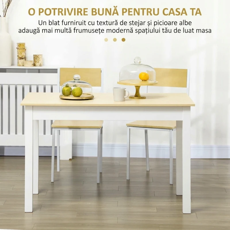 HOMCOM Masă de Dining pentru 4-6 Persoane, Design Modern pentru Bucătărie și Living, 119x70x75cm, Alb și Lemn