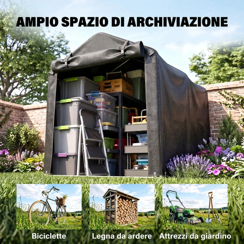 Outsunny Tenda Garage con Ingresso Avvolgibile, Corde e Picchetti, in Metallo Zincato e PE, 220x157x165 cm, Grigio Scuro