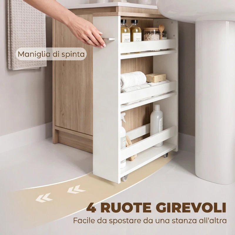 kleankin Carrello Bagno Salvaspazio a 3 Ripiani con Rotelle e Maniglia in Legno, 48x15x80cm, Bianco