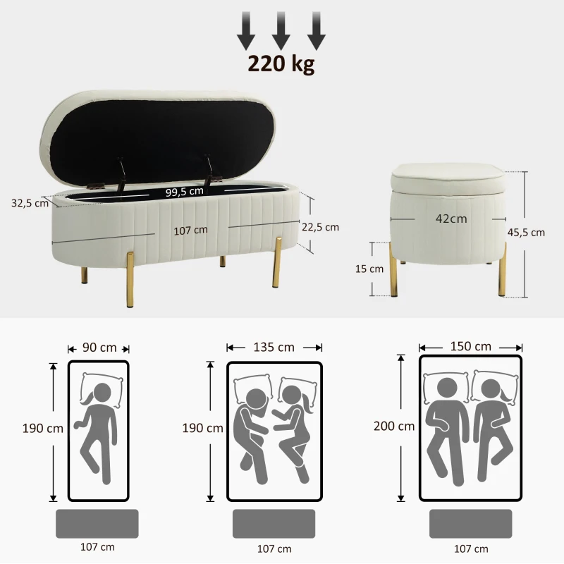 HOMCOM Panca Contenitore Ovale da 72L con Coperchio Sollevabile, in Tessuto Vellutato e Legno, 107x42x45.5 cm, Crema