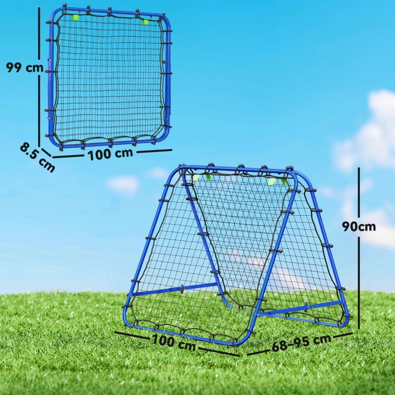 HOMCOM Plasă de Fotbal Rebounder Pliabilă din PE și Metal cu Unghi Reglabil și Țepușe, 100x95x90 cm, Albastru