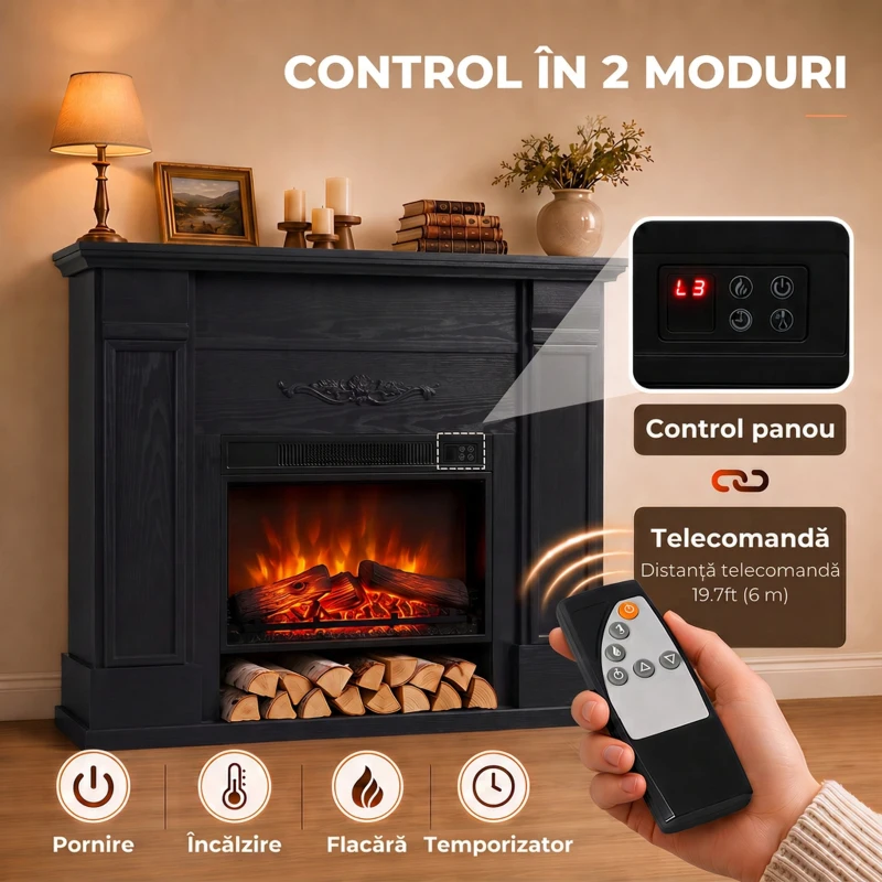 HOMCOM Șemineu electric de podea/încastrat, cu ramă și raft pentru TV 55 inch, 1800W, efect flacără 3D, timer, negru