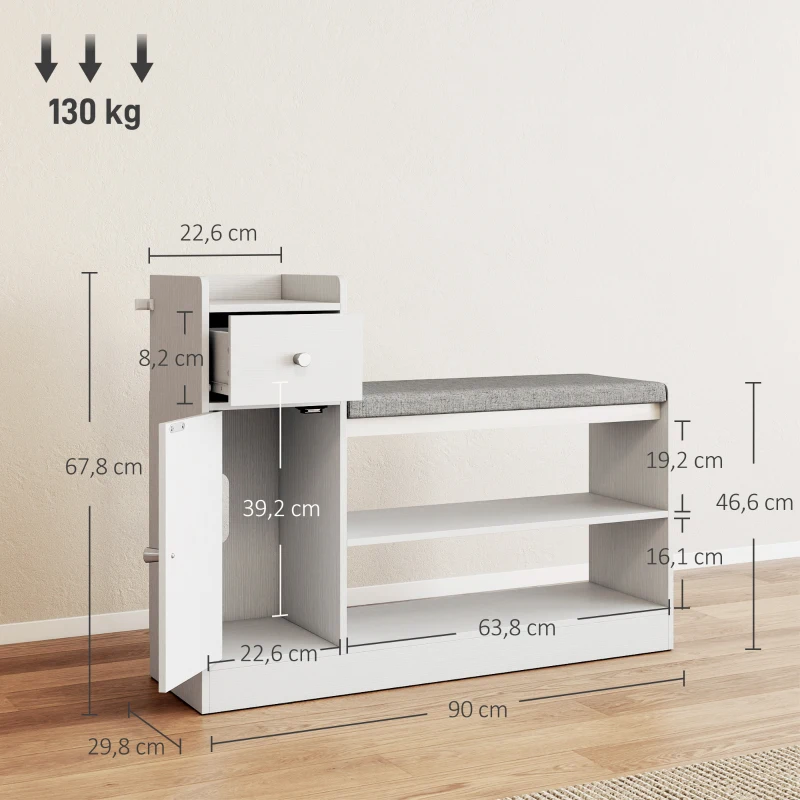HOMCOM Banco para Zapatos con Cajón y Armario, Banco de Almacenamiento con Cojín, Estilo Nórdico, 90x29,8x67,8cm, Blanco y Gris