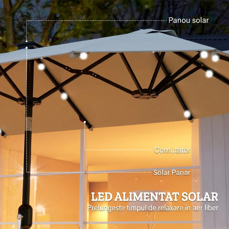 Outsunny Umbrelă Dublă cu Lumini LED și Manivelă, din Poliester și Oțel, 2.92x1.5x2.2 m, Bej