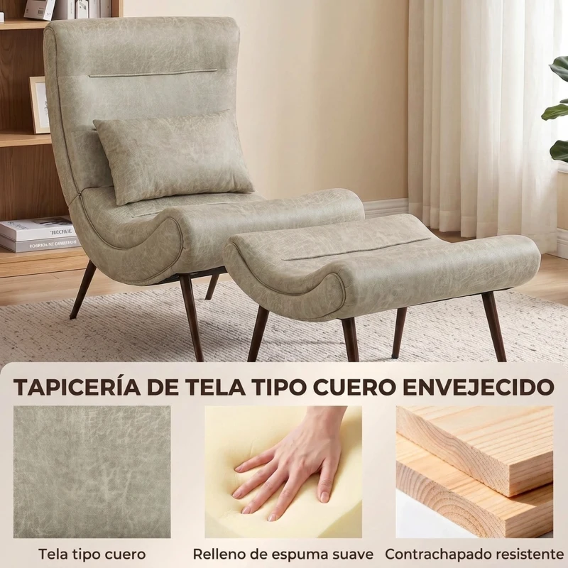 HOMCOM Sillón con Reposapiés Asiento Ancho Cojín Lumbar y Respaldo Curvo Tapizado en Leathaire Patas de Acero Blanco Crema