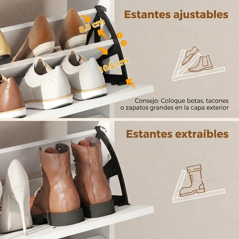 HOMCOM Zapatero Recibidor Entrada con 4 Cajones Abatibles y Estante Abierto Estantes Ajustables Encimera hasta 16 Pares Blanco