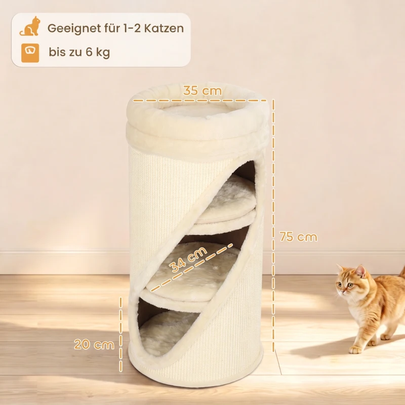 PawHut Arranhador 75 cm de Altura Ø35 cm Torre Arranhadora 4 Níveis com 3 Cavernas Cama de Pelúcia Removível e Lavável Superfície de Sisal