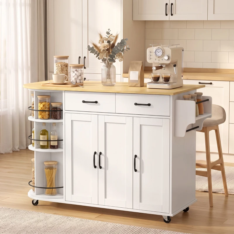 HOMCOM Ilha de Cozinha com 5 Rodas, Tampo Extensível, 3 Prateleiras Giratórias 360°, 2 Gavetas, 3 Portas e Toalheiro, Branco
