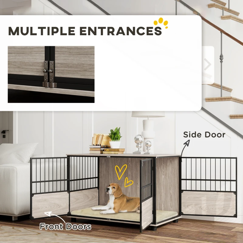 PawHut 100cm Furniture Style Dog Crate Dog Cage End Table Indoor with 3 Doors Soft Washable Cushion, for Large Sized Dogs