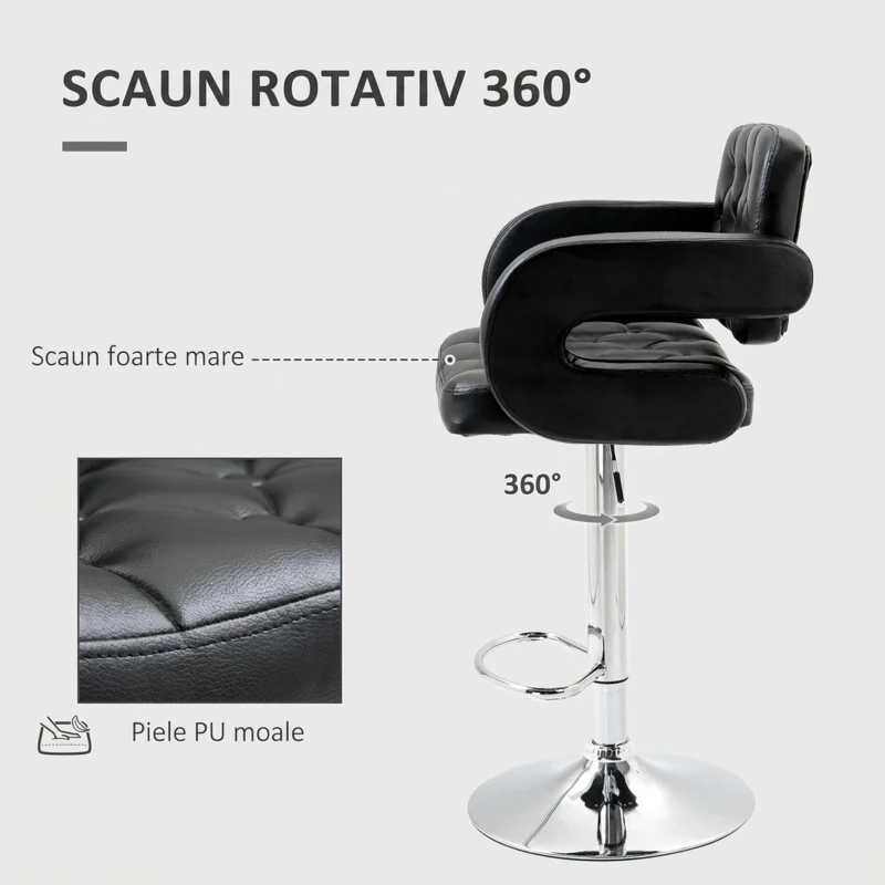 HOMCOM Scaun de Bar Înalt cu Spătar și Brațe, Rotativ, cu Înălțime Reglabilă și Suport pentru Picioare, Piele Ecologică Neagră