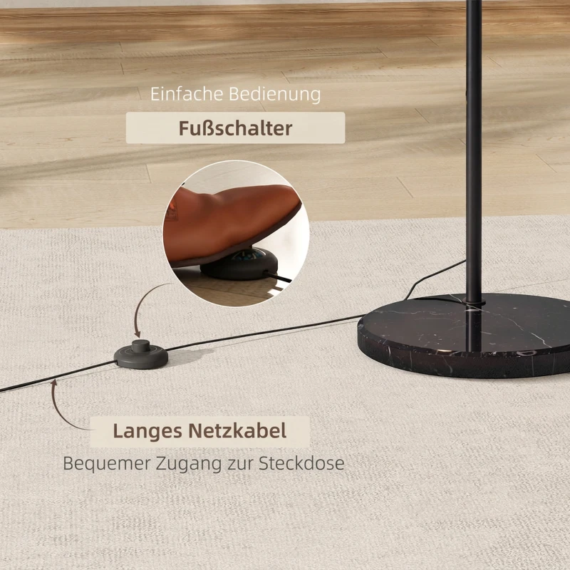 HOMCOM Booglamp, vloerlamp, hoogte verstelbaar, voetschakelaar, voet in marmerlook, 170-180 cm, zwart