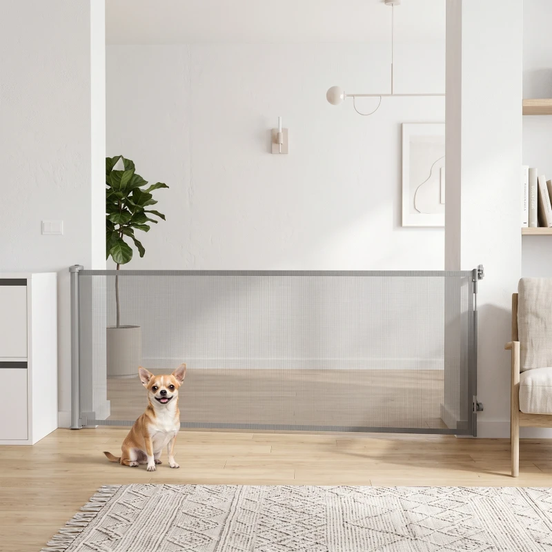 PawHut Retractable Dog Gate, Extends to 300 cm Wide & 104 cm Tall, Mesh Pet Gate Single Hand Operation, for Stairs Doorways