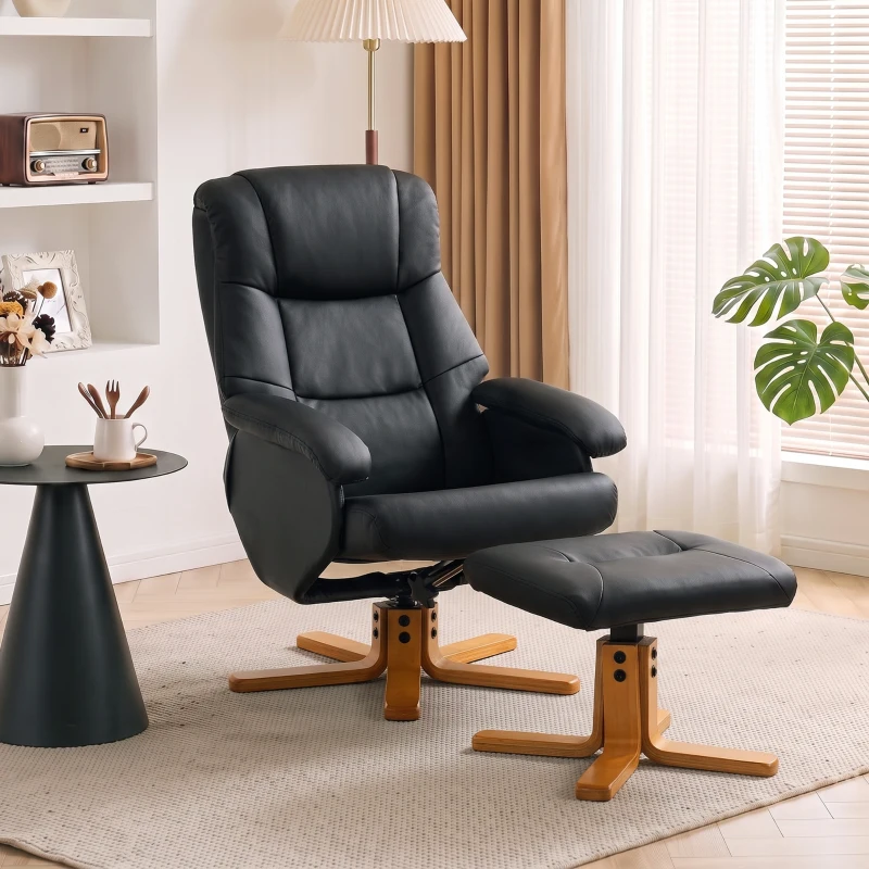 HOMCOM Sillón Relax con Reposapiés, Sillón de Relax Reclinable en PU, Giratorio 360°, Función Balanceo, Negro