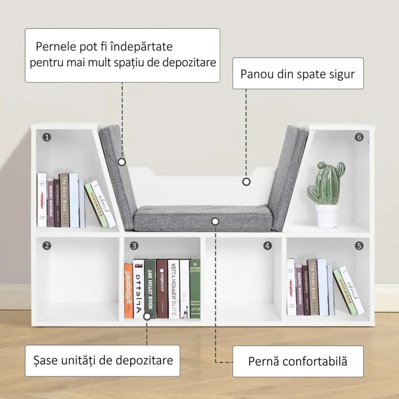 HOMCOM Bibliotecă 2 în 1 cu 6 secțiuni, cu perne moi, din lemn, spumă și poliester, 102x30x61 cm, alb