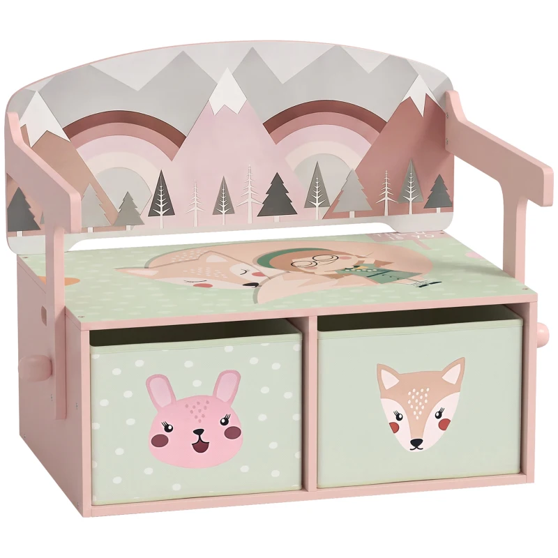 AIYAPLAY 3 em 1 Banco Porta-Brinquedos para Crianças, Convertível em Mesa e Cadeira com 2 Caixas, Estampa Raposinha, Rosa
