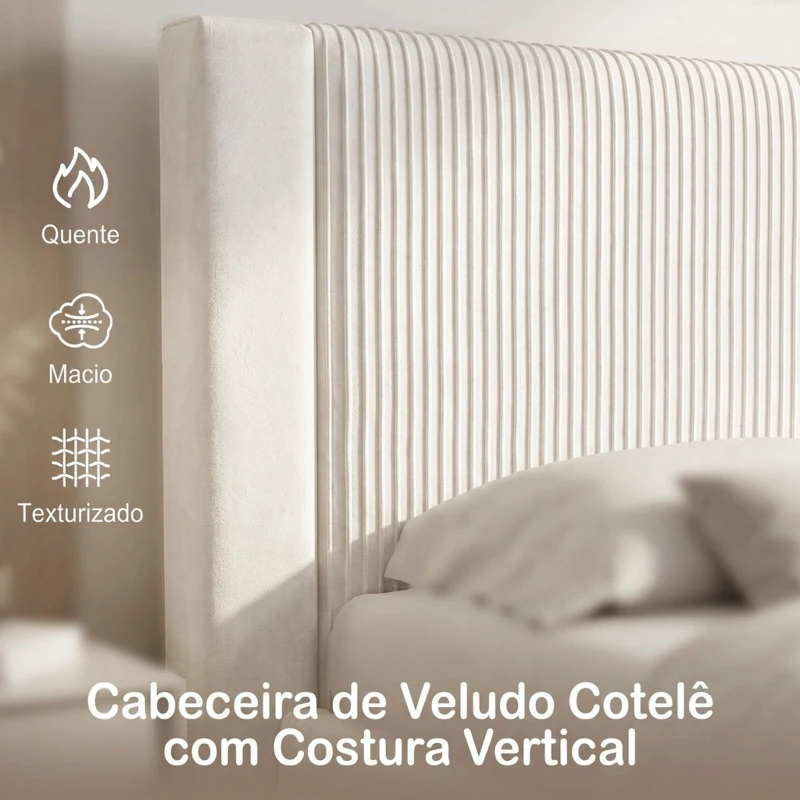 HOMCOM Cama Estofada 140x200 cm com Cabeceira Acolchoada, Gaveta de Arrumação e Ripas de Madeira, Bege