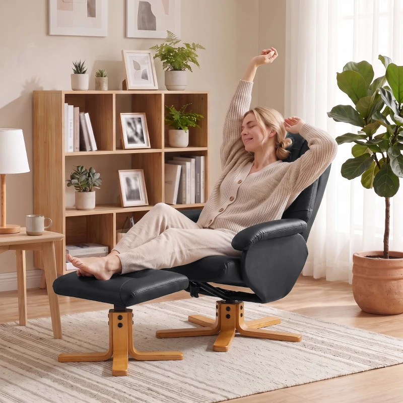 HOMCOM Relaxsessel mit Fußhocker, verstellbarer PU-Relaxsessel, 360°-Drehung, Schaukel-Funktion, Schwarz